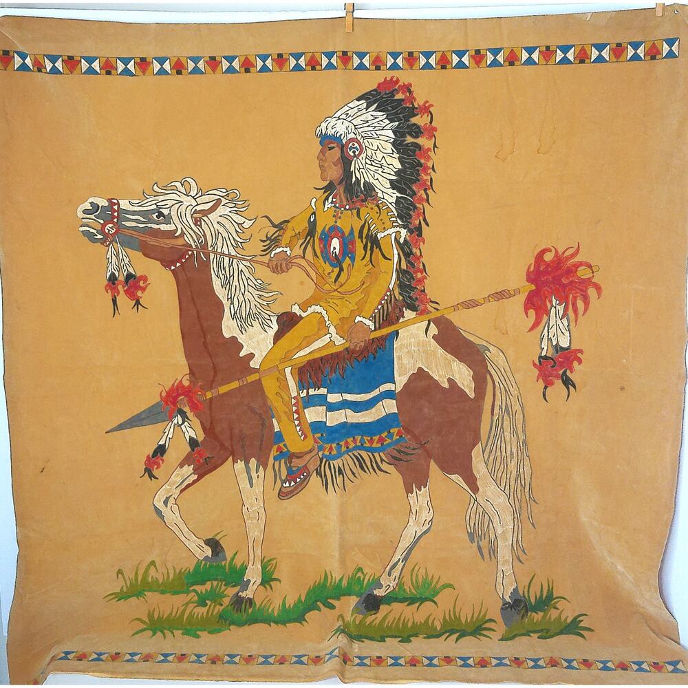 Vtg Native American Theme Indian Chief Warrior Horseback Painted Felt Wall Art - Picture 11 of 12
